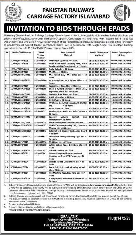 Pakistan Railways Carriage Factory Islamabad Tender Notice